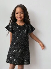 Maija Kids Maija Kids 少女圆领亮片荷叶边袖连衣裙 - 黑色 - 查看 3