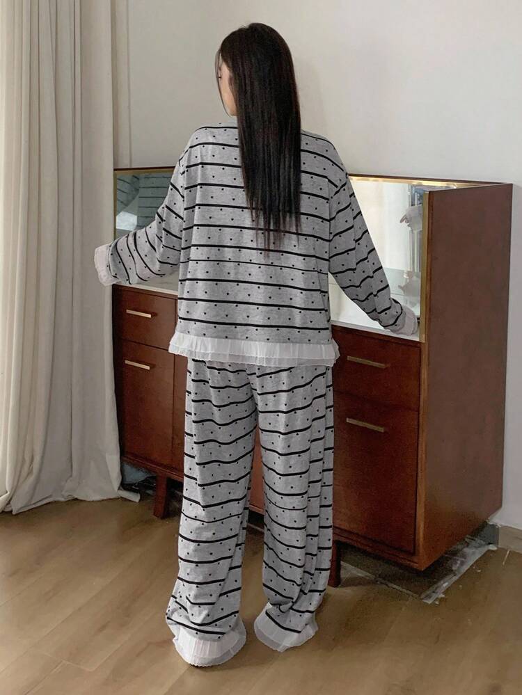 Dazy Plus Heart & Stripe Chiffon Mesh Patchwork Casual 2 Pieces Loungewear Set, Plus Size Women Spring/Autumn Pajamas, Fall Clothes