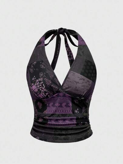 Hippie Maglietta corta casual e sexy da donna con collo alto e laccio sulla schiena