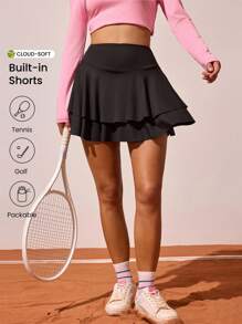 CourtClass Women's Multi-Layer Black Tennis/Workout Skorts With Phone Pocket, Outdoor Sports Black Black Tennis Skirt Skirt Gym Sport Skort Workout Skirt Tennis Skirts Pickleball Skirts Golf Skirts Athletic Skirts Women Sports Skirts - Black - View 1