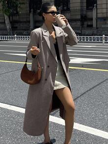 DAZY Women's Loose Retro Herringbone Long Sleeve Double-Breasted Pocket Overcoat, Autumn/Winter - Grey - View 5