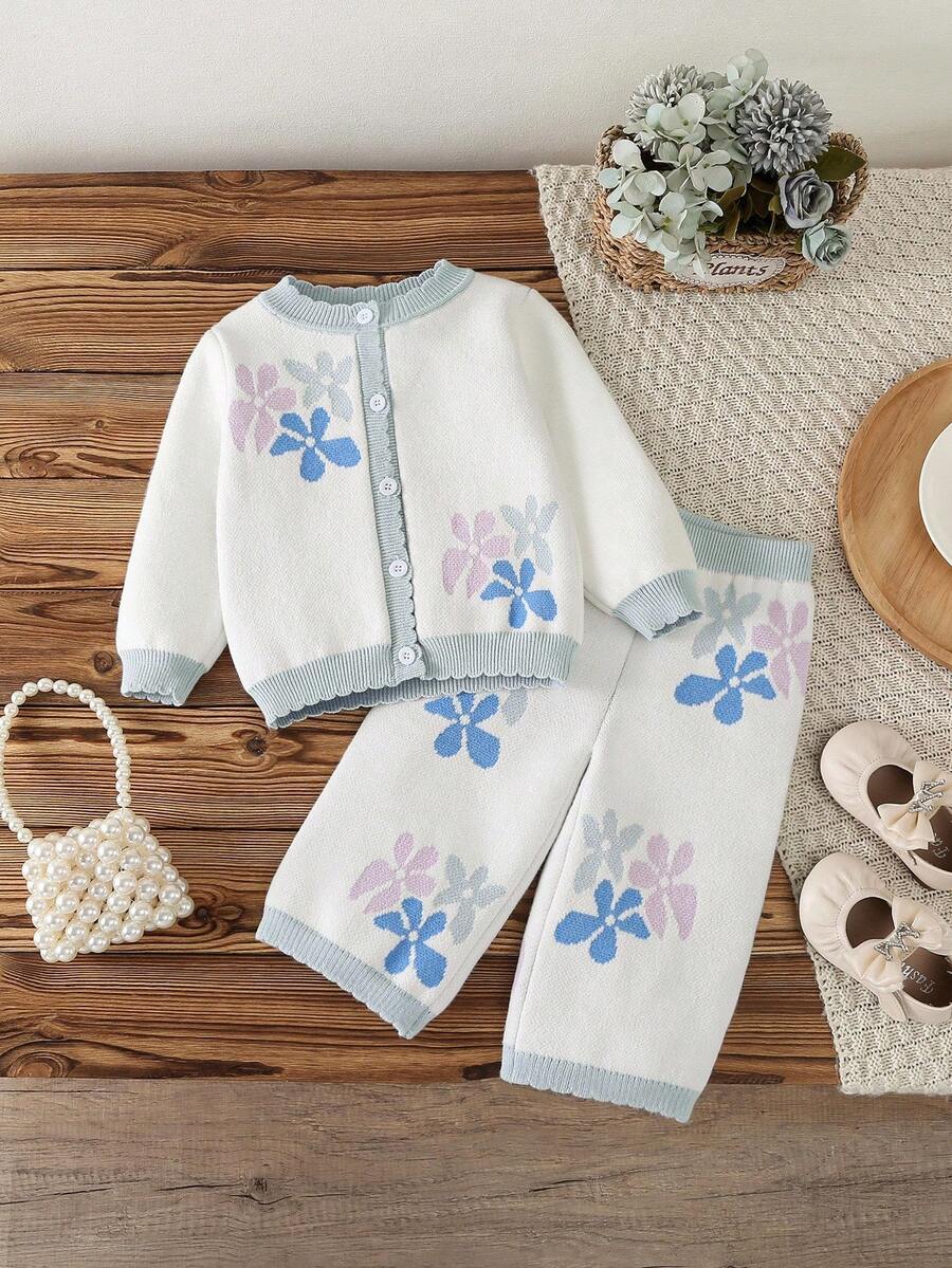 2pcs Baby Girls Knitted Sweater Cardigan And Pants Set,White Floral Cute Autumn Matching Family Outfit,Jacquard Long Sleeve Pullover Trousers,Warm - Multicolor - View 1