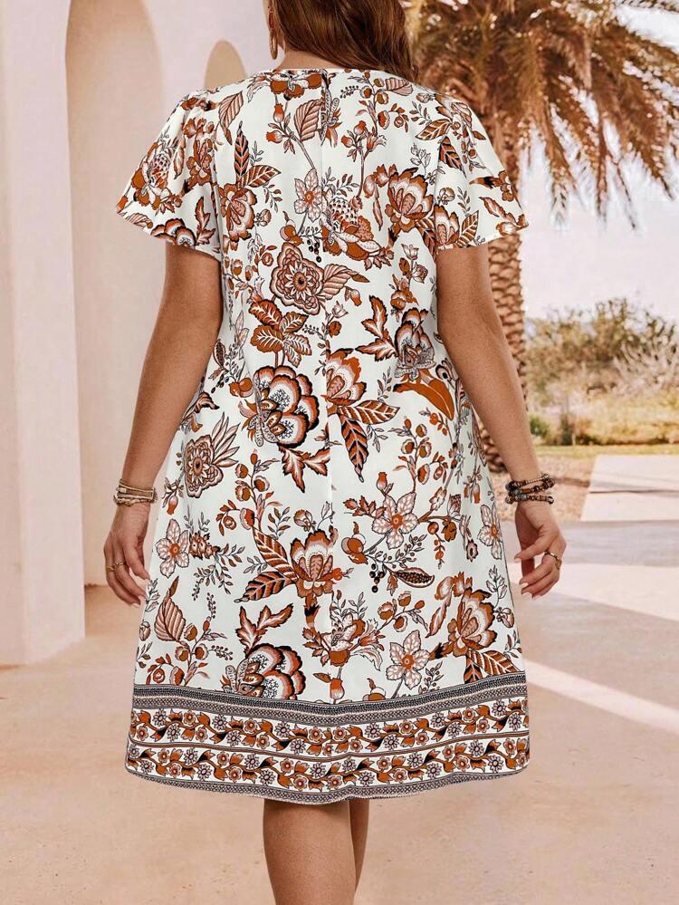 Plus Size Women Floral Print V-Neck Ruffle Short Sleeve Loose Casual Dress