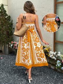 SHEIN LUNE Váy liền thân in hoa đỏ hở lưng dáng suông mùa hè cho nữ, thích hợp cho kỳ nghỉ lãng mạn, kỳ nghỉ ở bãi biển, dã ngoại hàng ngày Váy liền thân họa tiết hoa cam đi biển cho nữ Váy liền thân đi biển mùa hè Boho Váy liền thân đi biển - Nhiều màu - Xem 1