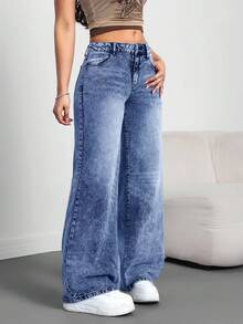 SHEIN Tall Quần jean ống rộng ống đứng cài nút thường ngày cho nữ, phù hợp mặc hàng ngày - Rửa tối - Xem 5