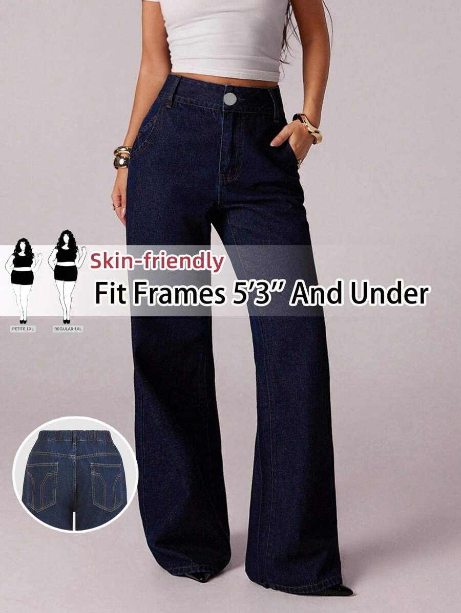 SHEIN PETITE CURVE Plus Size Summer Fall Autumn Back To School Homecoming Halloween Clothes Basic Stockholm Y2k Cute 2000s Style Streetwear Goth Old Money Modest Vintage Country Business Casual Woman Business Casual Woman Office For Women Airport For Women Church Women Teacher Plus Size Going Out Women's Pockets Wide Leg Loose Casual Versatile Blue Jeans Baggy Jeans Low Rise Jeans - Blue - View 1