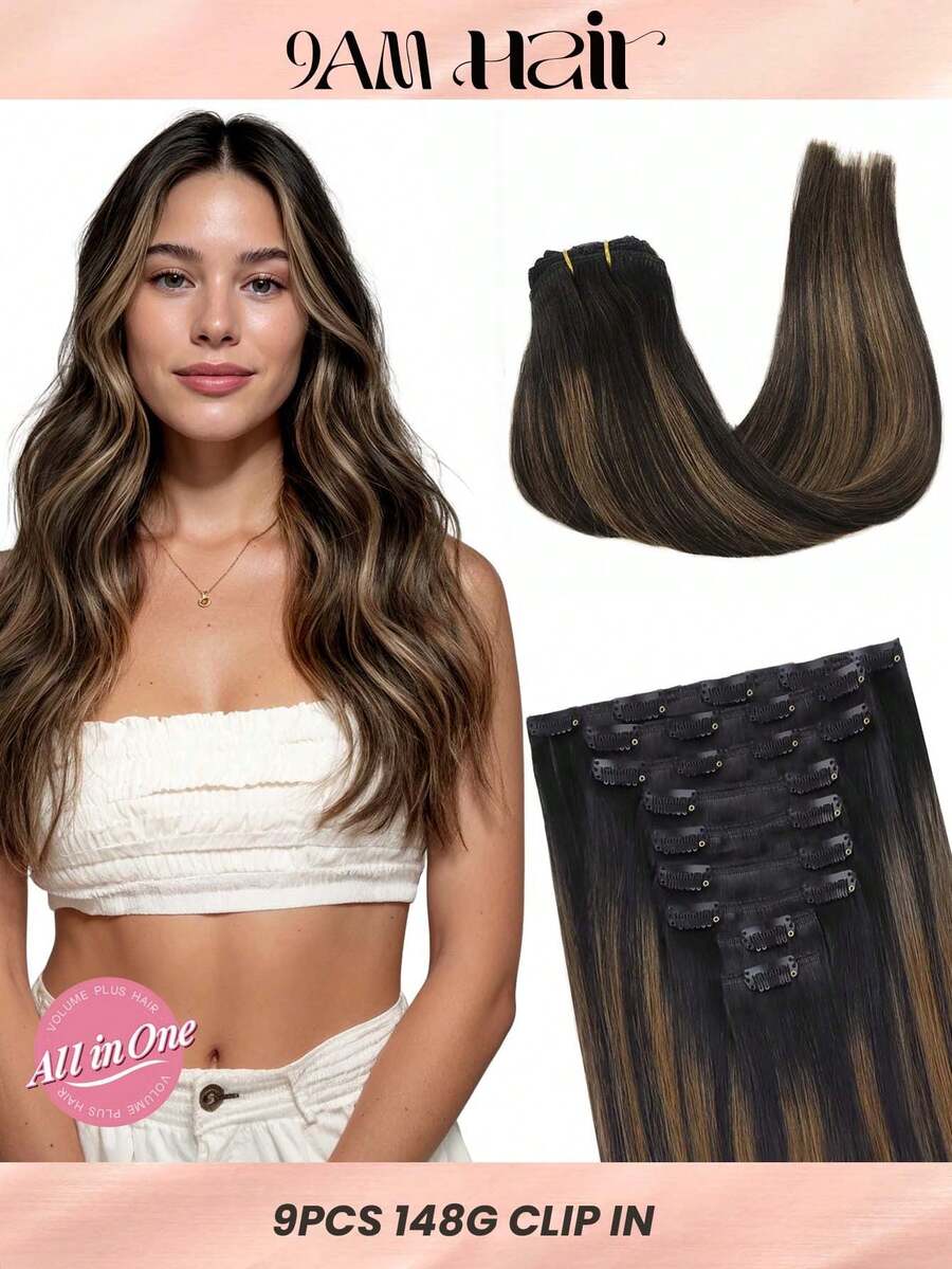 9PCS Straight Clip In Hair Extensions 100% Real Human Hair 14-24 Inch 148G Double Weft Invisible Clip Hair Extensions Remy Natural Human Hair For Women Girls Daily Use