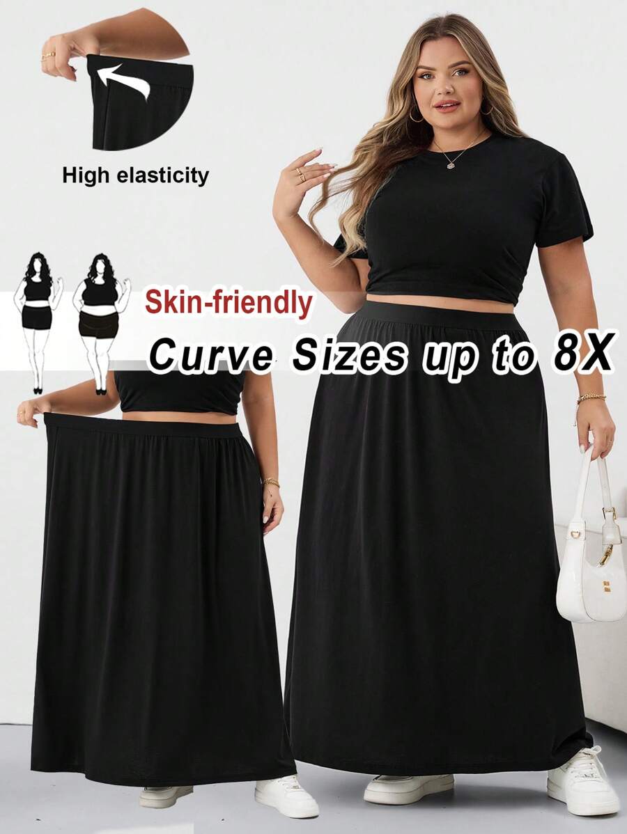 SHEIN CURVE+ Chân váy chữ A rộng rãi màu đen đa năng cỡ lớn/Mùa thu/Mùa đông - màu đen - Xem 1