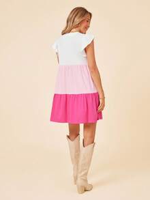 Coeurva Vestido informal de mujer con parches tejidos, cuello redondo, manga corta y bloque de color para primavera/verano - Rosa - Ver 3