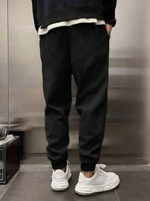RueChic Cotton Men Letter Patched Drawstring Waist Sweatpants - Black - View 2