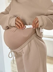 SHEIN 两件套孕妇保暖连帽衫和裤子套装，秋冬 - 卡其色 - 查看 7
