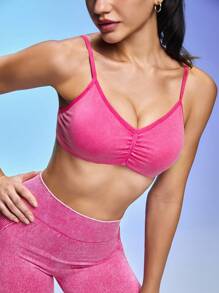 SHEIN Sovereign Charm Women's Matte Pink Sports Tank Top Ruched Sports Bra Push Up Sports Bras Molded Cup Sports Bra Dance Sports Bra - Pink - View 1