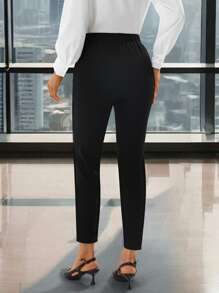 Ellevyn Pantalon pour femmes grande taille, élégant, noir, polyvalent, avec poches, décoration de chaîne métallique à la taille. Convient pour le travail, les femmes d'affaires professionnelles, le bureau. Pantalon à taille haute élégant pour femmes, pantalon noir pour femmes avec courbes et petite taille, pantalon avec strass - Noir - Voir 2