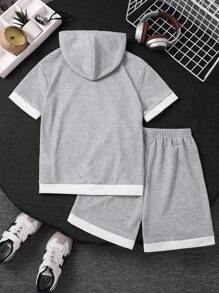 SHEIN 2pcs Tween Boys Casual University Style Loose Fit Short Sleeve Hoodie Sweatshirt And Shorts Set, Versatile For Commute, School, Everyday, Travel, Sports, Spring/Summer/Fall/Winter