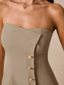 Poéselle Women's Two Pieces Suit Metal Button Decoration Asymmetrical Neckline Suit Elegant Skirt Suit Metal Button Tube Top And Basic Skirt 2pcs/Set Women Solid Color Bustier Top And Mini Skirt Set Women Two Pieces Sets Birthday Women Outfits Women Outfit Sets Two Pieces Set Skirt Summer Two Pieces Outfits Country Concert Outfit Streetwear Going Out Outfits Women Outfits - Mocha Brown - View 6