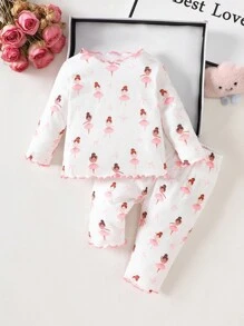 SHEIN Bộ 2 món đồ sơ sinh cho bé gái, áo dài tay in họa tiết hoạt hình, quần dài chất liệu vải mềm mại, thoải mái và thân thiện với làn da - Hồng - Xem 4