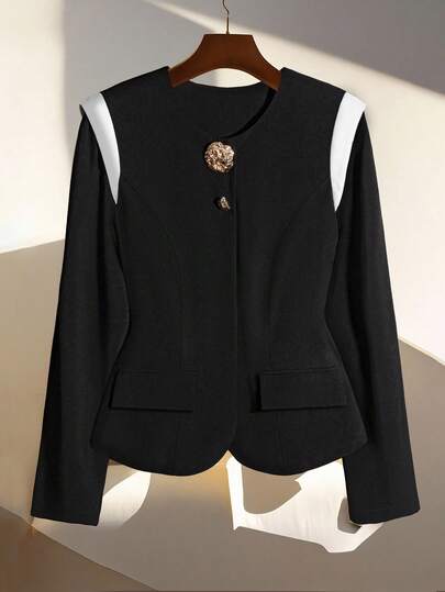 Franclia Business Casual Women's Autumn Fashion Contrast Color Metal Buckle Decor Blazer Jacket Fall Cloth For Women