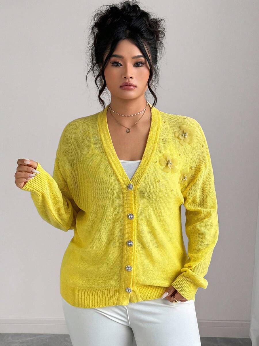 Elenzga Cárdigan de punto con cuello en V, unicolor, con bordado floral y cuentas, talla grande - Amarillo - Ver 1