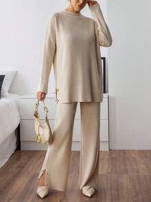 EURMUSE Women's Solid Color Drop Shoulder Long Sleeve Button Design Sweater And Flared Knit Pants Set Knit Two Piece Set Beige Two Piece Set Comfortable Two Piece Set Two Piece Set Women Ribbed Two Piece Set,Winter Clothes - Beige - View 1