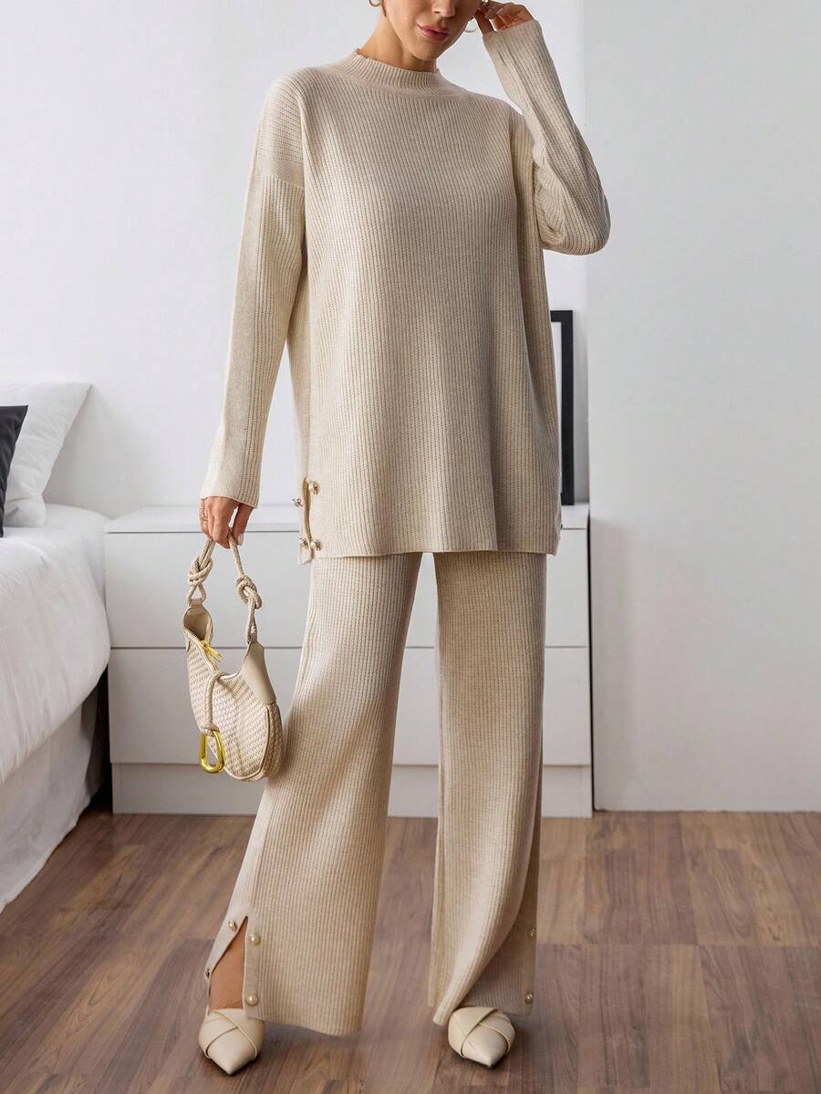 EURMUSE Women's Solid Color Drop Shoulder Long Sleeve Button Design Sweater And Flared Knit Pants Set Knit Two Piece Set Beige Two Piece Set Comfortable Two Piece Set Two Piece Set Women Ribbed Two Piece Set,Winter Clothes - Beige - View 1