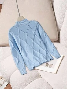 EMERY ROSE Women Solid Color Stand Collar Long Sleeve Fitted Pullover Sweater, Autumn & Winter Knit Pullover Fall - Baby Blue - View 2
