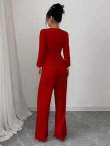Elenzga 女士优雅长袖西装外套和裤子套装，商务/通勤风格，适合夏季、独立日、毕业典礼、返校 - 酒紅色 - 查看 2