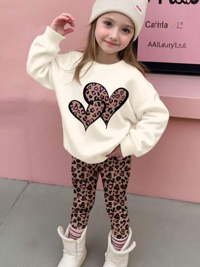 SHEIN 2pcs Young Girl Casual Leopard Heart Pattern Round Neck Long Sleeve Sweatshirt & Leggings Set, Fit For Autumn & Winter