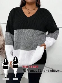 SHEIN Tall CURVE Damen Pullover in Große Größen mit Kontrastfarben, V-Ausschnitt, Drop Shoulders und Langarm, für Herbst/Winter - Schwarz und Weiss - Übersicht 1