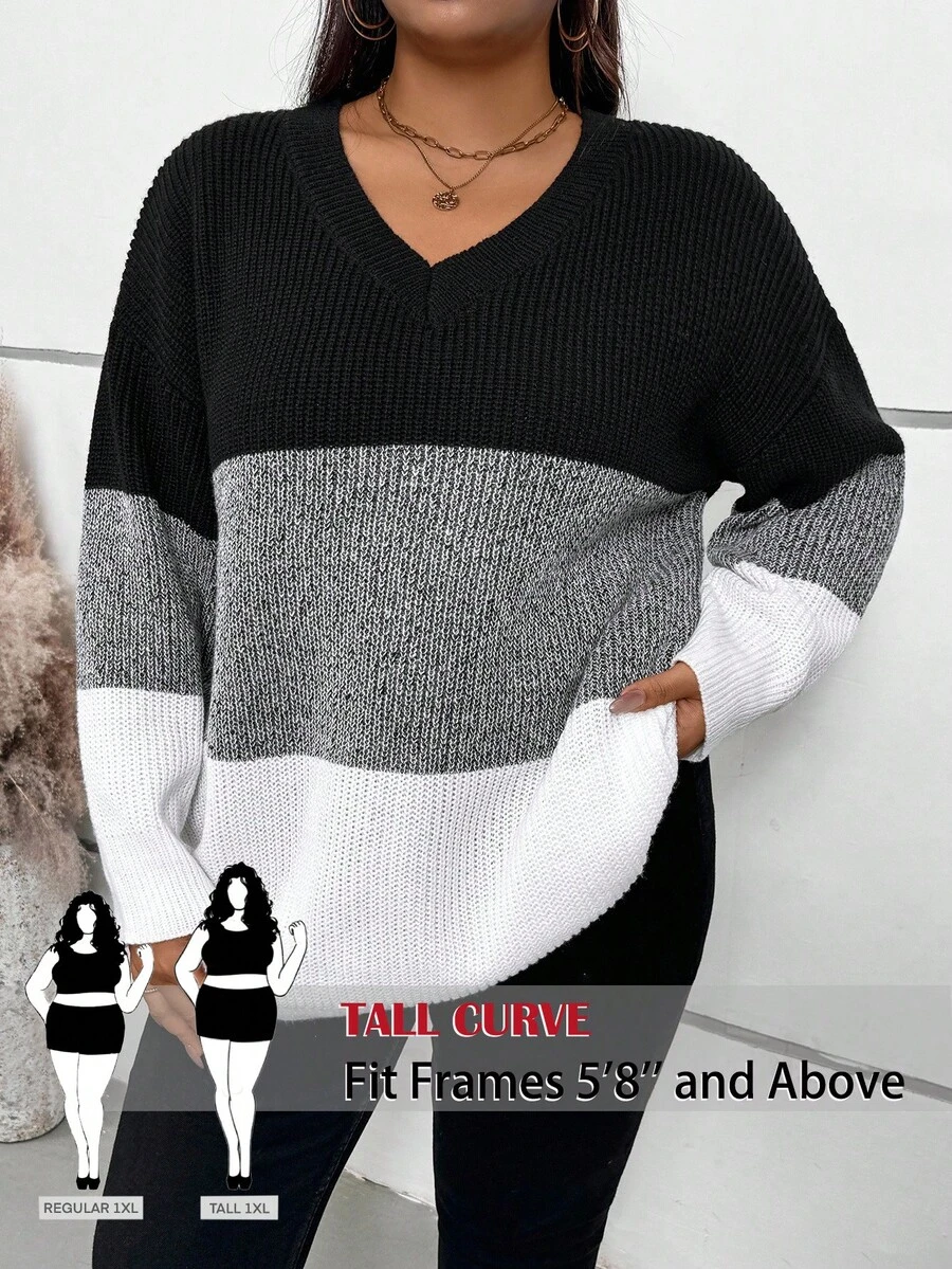 SHEIN Tall CURVE Damen Pullover in Große Größen mit Kontrastfarben, V-Ausschnitt, Drop Shoulders und Langarm, für Herbst/Winter - Schwarz und Weiss - Übersicht 1