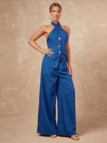 Lumalex New Business Casual Smart Casual Retro Elegant OL Blue Halter Metal Buckle Decor Top Paired With Loose Wide Leg Pants Women 2 Pieces Set French Brunch - Blue - View 3