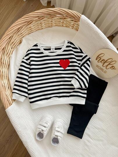 SHEIN Babygirl 休闲黑白条纹长袖卫衣套装，秋冬