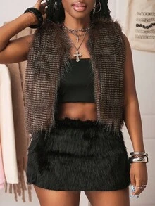 Slaydiva 2025 Nuovi arrivi autunnali, adatti per feste di compleanno, ritorno a scuola, stile campus, uso quotidiano, casual, vacanze, crociere, spiaggia, prendere il sole, moda, streetwear, elegante, pendolarismo, casual business, feste, gilet senza maniche, cardigan corto ombré morbido, giacca lunga in pelliccia autunnale, abbigliamento esterno da donna - Caffè Marrone - Visualizzare 5