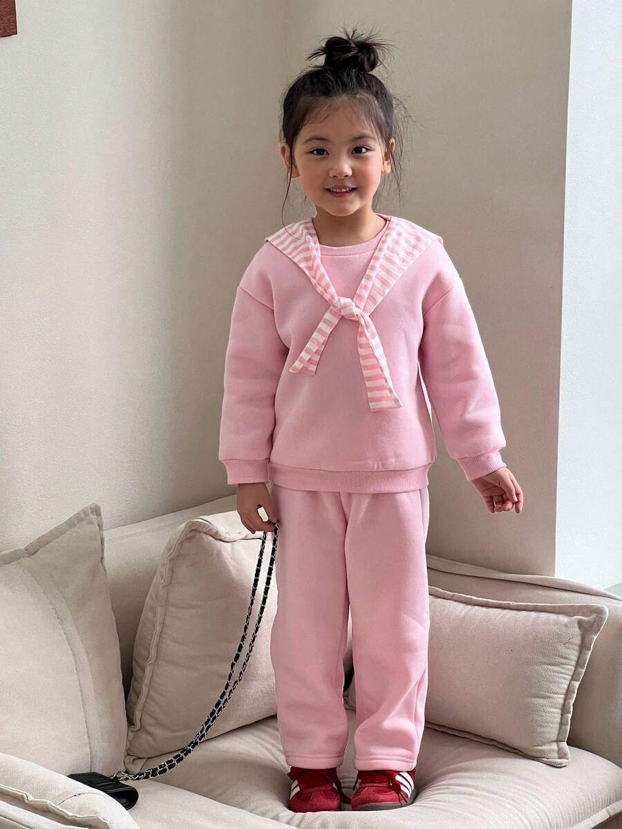 SHEIN 3pcs/Set Young Girl Light Pink Sweatshirt,Matching Pants & Striped Shawl,Back-To-School Summer Career Day Cute Round Neck Long Sleeve Outfits - Pink - View 1