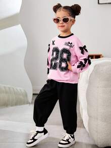 SHEIN Young Girl Loose Casual Minimalist Comfortable Crew Neck Long Sleeve Sweatshirt And Drawstring Pants Set - Pink - View 2
