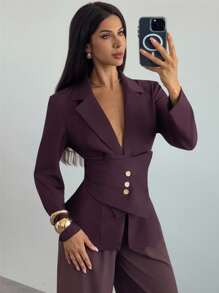 Firerie 女士优雅通勤时尚性感日常通勤音乐节优雅办公室合身不对称腰部金属纽扣西装外套，薄款西装外套，酒红色西装外套，老款风格，教师工作服西装外套，女士西装外套，教师，机场，秋季女士，秋冬，万圣节服装，教师，女士办公室，女士秋季 - 酒紅色 - 查看 11