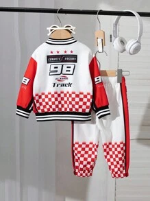 SHEIN Bộ 2 món/Bộ quần áo in chữ xe đua Y2K Streetwear dành cho bé trai, tay dài cài nút, sọc đen trắng, cổ bẻ, có gân, họa tiết đối xứng, thích hợp cho mùa thu/đông, tuyệt vời cho các môn thể thao ngoài trời, thời trang dạo phố, tiệc tùng hoặc mặc hàng ngày, áo khoác biker cho bé, bộ đồ đua xe, áo khoác thể thao cho trẻ sơ sinh, quần thể thao cho bé, 6 tháng-3 tuổi - Nhiều màu - Xem 3