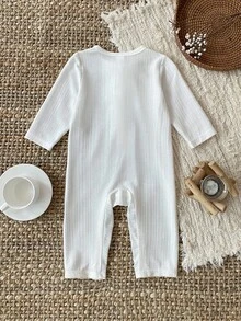 SHEIN Baju Terusan Bayi Perempuan Lucu Warna Putih Bergaris dengan Hiasan Pita, Lengan Panjang, Musim Gugur/Musim Dingin - Putih - View 2