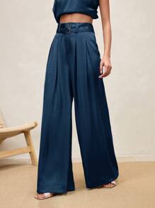 Arave Women's Elegant Satin Pleated Wide Leg Pants,Navy Blue Summer Office High-Waisted Solid Color Minimalist Long Pants For Fall Autumn Commuting - Blue - View 7