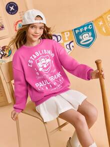 Paul Frank X SHEIN Tween Girl Retro Minimalist Cartoon & Letter Graphic Crew Neck Loose Casual Knit Pink Sweatshirt - Pink - View 1