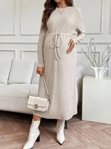 SHEIN Robe de maternité décontractée, mode minimaliste, avec taille cintrée et manches longues - Noir - Voir 3
