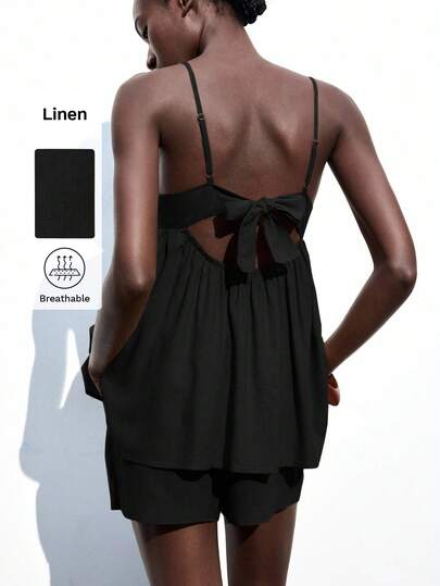 Maija Women's Layered Ruffle Camisole Top And Elastic Waist Mini Skirt Set, Comfortable Loose Fit, Fashionable Vacation/Holiday Casual Bohemian Style, Suitable For Summer Beach/Ibiza Island Black Summer Tops Black Bathing Suit Cover Up Bow Top Women Open Back Tops Beach Clothing, Bohemian Style Vacation Wear, All Season  Ins Celebrity Same Style Vacation Style, Exotic Atmosphere, Country Concert, Western Style Clothing, High-Grade Fabric, Comfortable And Breathable