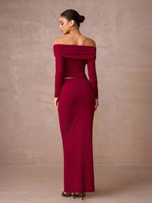 Lumalex Winter Fall 1pc Women's Open Shoulder Ruched Mesh Flare Sleeve Bodycon Two Pieces Set Outfit Two Piece Long Skirt Set Formal Luxury Prom Gathering Party Banquet Modest Old Money Glitter Holiday Party Rave Festival Outing Vacation Hot Outdoor Richly Layered Wedding Season Banquet ID Al-Adha Al-Adha Party New Year Looks Of Party Party Dress For Autumn - Redwood - View 3