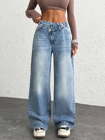 CasuGlow WOMEN CLASSIC HIGH WAIST WIDELEG MEDIUM WASH DENIM JEAN ASYMETRIC WAIST Y2K Women Jeans Baggy Baggy Jeans Y2k Loose Jeans