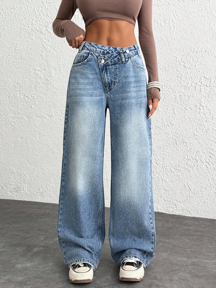 CasuGlow WOMEN CLASSIC HIGH WAIST WIDELEG MEDIUM WASH DENIM JEAN ASYMETRIC WAIST Y2K Women Jeans Baggy Baggy Jeans Y2k Loose Jeans - Medium Wash - View 6