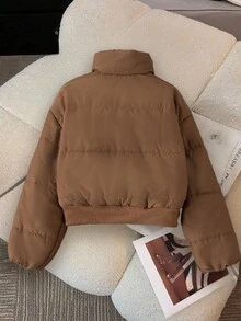 Tween Girls' Brown Padded Coat, Minimalist, Comfortable And Fashionable, Short Style, Suitable For Tween Girl, Super Fall Winter - Brown - View 2