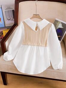 Áo sơ mi tay dài cổ Peter Pan họa tiết chắp vá màu tương phản phong cách thường ngày dành cho bé gái tuổi teen mùa thu đông - Màu be - Xem 2