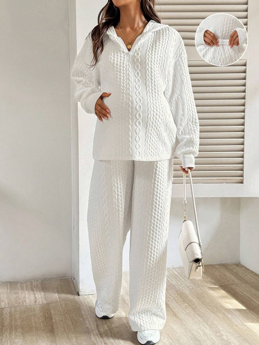 SHEIN 2 件孕妇纹理落肩拉链连帽衫和裤子休闲装秋季孕妇两件套女士秋季服装 2 件套休闲套装女士针织两件套女士两件套 Coords 套装女士舒适两件套 - 白色 - 查看 1