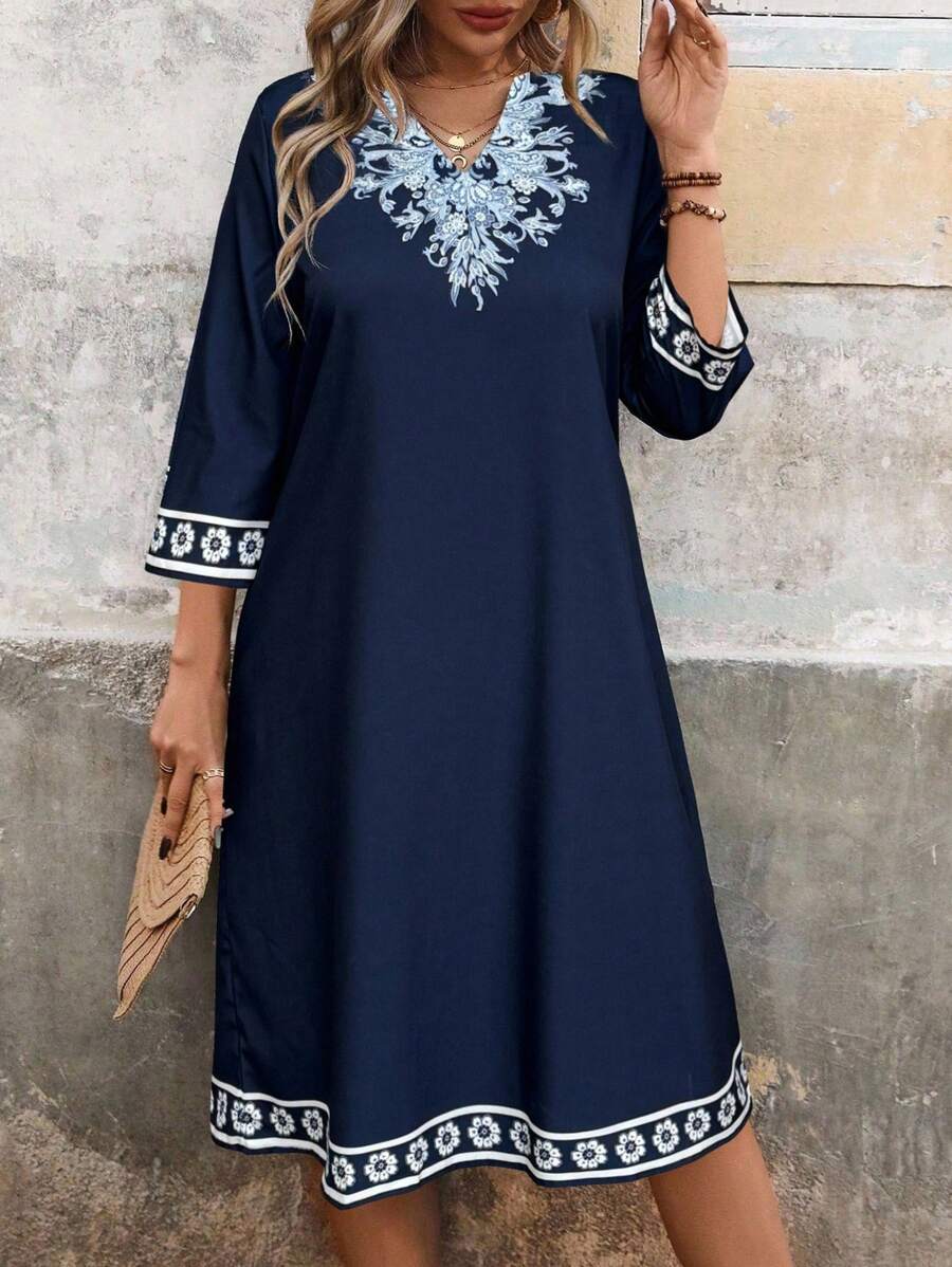 EMERY ROSE Women's Vintage Style Print Simple Daily Summer Dress Maxi Women Outfit - Navy Blue - View 1