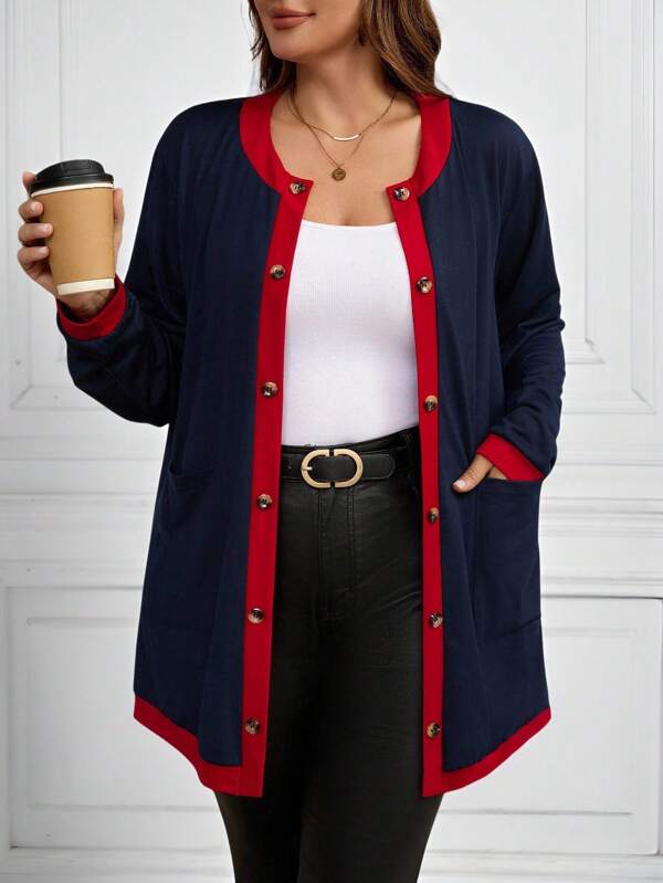 SHEIN Clasi Giacca lunga casual da donna taglie forti per primavera e autunno, con blocchi di colore e bottoni