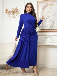Ellevyn Women's Curvy Plus Size Royal Blue Dress,Long Sleeve Elegant Formal Pleated Ruched Knit Dress For Winter Wedding Guest,Party,Date Night Outfit,2025 - Blue - View 7